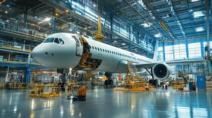 An aircraft assembly line showcasing a partially assembled airplane.