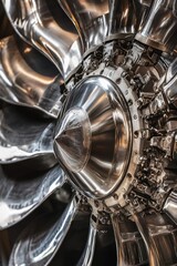 Close-up of a metallic jet engine turbine showcasing intricate design.