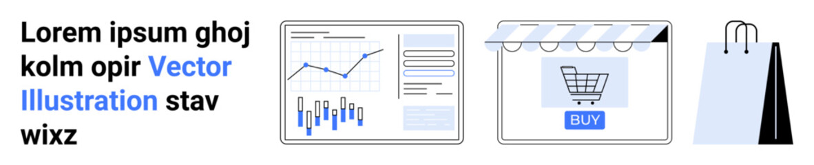 Graph with analytics, online shop storefront with cart and buy button, shopping bags. Ideal for e-commerce, online shopping, retail, business metrics, web design, financial analytics, digital