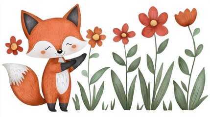 Fototapeta premium Cute Fox Surrounded by Colorful Flowers in Garden Scene