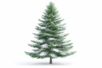 Fototapeta premium Majestic Snow-Covered Christmas Tree with Twinkling Lights on a White Background