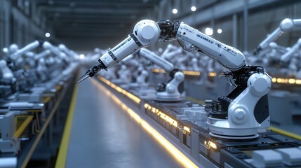 Fototapeta premium Robotic arms in a modern industrial setting for automation.