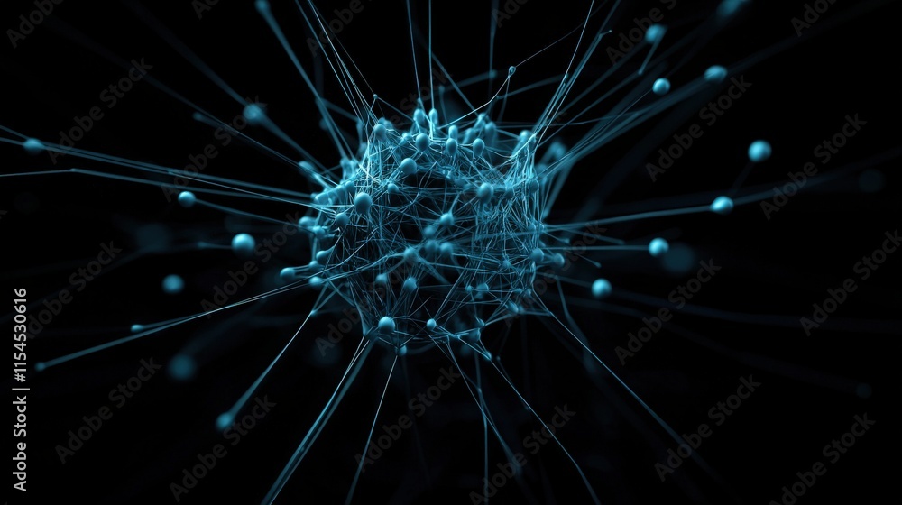 Poster abstract depiction of a virus or microbe surrounded by blue glowing lines and dots on a dark backgro