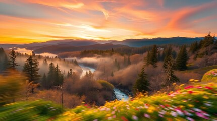 Fototapeta premium Spring Forest Mountain River in Sunset
