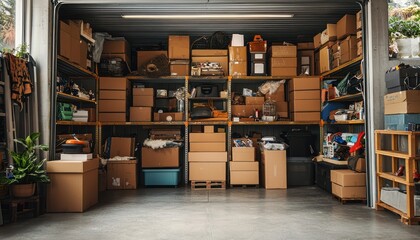 A storage unit brimming with neatly packed cardboard boxes of various sizes, symbolizing the process of moving or organizing personal belongings.