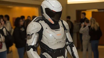 Futuristic white armored suit in a crowd.
