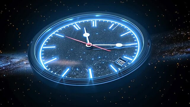 A clock is shown suspended in space, surrounded by a starry backdrop. The clock has bright blue markings and red hands, creating a striking contrast against the dark cosmic scene