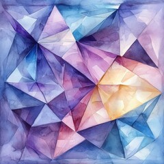 Painting of a blue and purple background with triangles and a yellow triangle