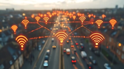 Smart city network concept; wireless internet connection over city highway.