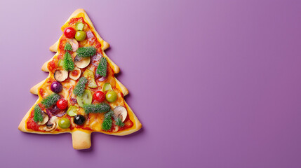 Obraz premium Christmas tree shaped pizza on purple background 
