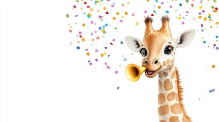 Fototapeta premium Adorable Cartoon Giraffe Plush Toy with Colorful Confetti Background