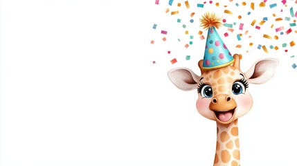 Fototapeta premium Joyful Giraffe Celebrating Birthday Party with Confetti and Hat