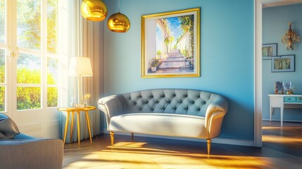 Sunlit living room with elegant sofa, gold accents, and artwork.