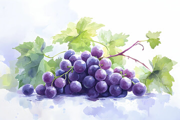 Fresh Grapes in Watercolor Style with Lush Green Leaves Against a Soft Background
