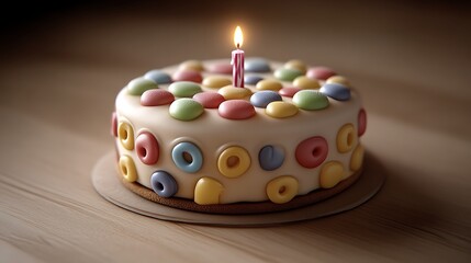 Single candle on a colorful cereal-themed birthday cake.