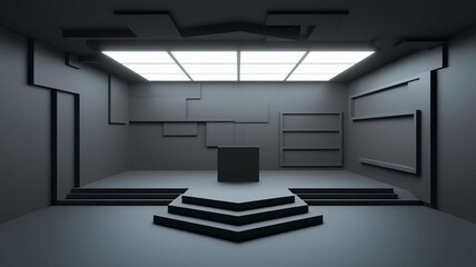 3D render of a modern, room with a black and white color scheme and geometric square and rectangular elements.  features a podium pedestal stand platform stage shelf wall, empty with a dark ambiance.