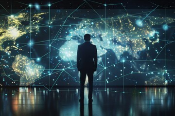 Global Businessman in Front of Network Technology Visualization