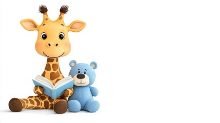 Obraz premium Adorable Giraffe and Teddy Bear Plush Toys Cuddling in Cozy Setting for Nursery or Children s Room Decor