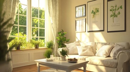 Sunlit living room with white sofa, plants, and window.