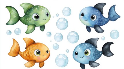 Cute Cartoon Fish Characters with Bubbles in Colorful Underwater Scene