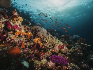 Vibrant Coral Reef with Small Fish Swimming Below