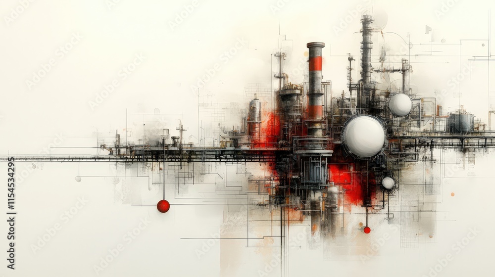 Aufkleber abstract representation of a modern industrial complex with geometric shapes, pipes, and circles sym