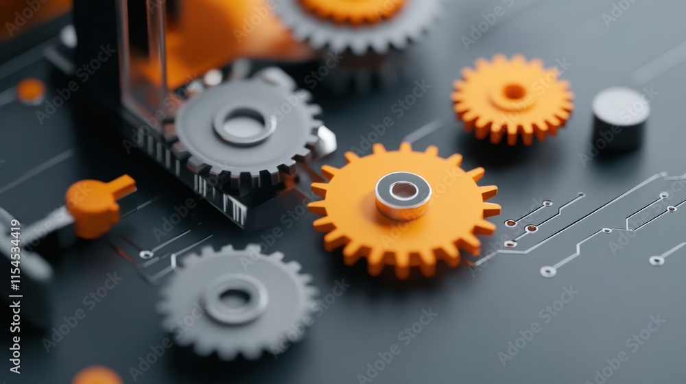 Poster Close-up View of Metallic Gears and Circuit Board Elements Showcasing Modern Technology and Innovation in Engineering and Mechanical Design