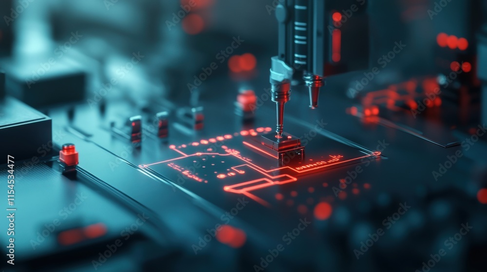 Poster close-up of a futuristic circuit board featuring intricate designs and glowing red lights that showc