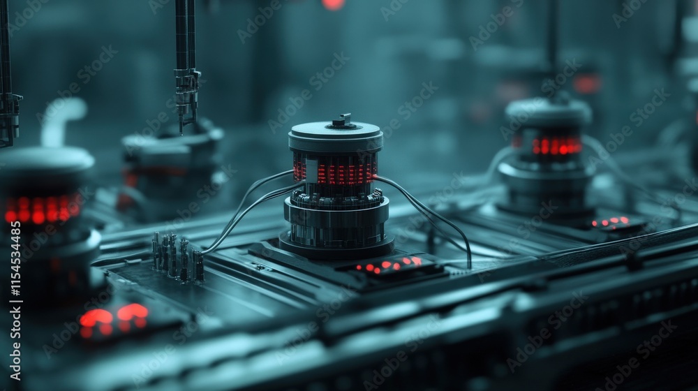 Poster futuristic laboratory scene with advanced technology and red lighting featuring intricate machines a