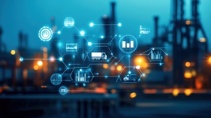 Digital Logistics Network with Truck, Data Visualization, and Industrial Background Representing Supply Chain Management in Modern Transportation