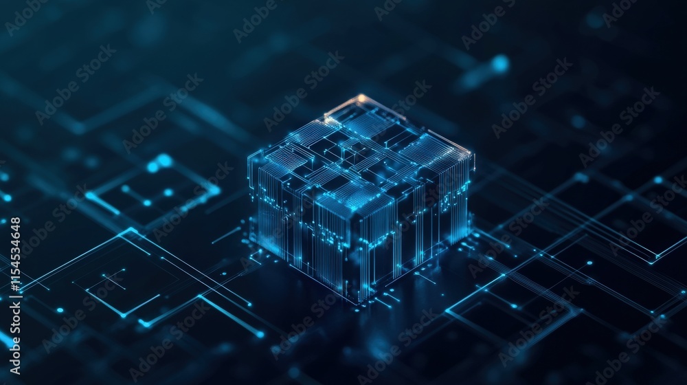 Aufkleber Futuristic Digital Cube Surrounded by Glowing Circuitry on a Dark Background Representing Advanced Technology and Innovation Concepts in 3D