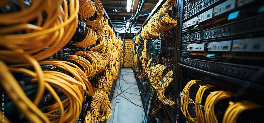 Poster a narrow corridor filled with network cables and server racks in a data center.