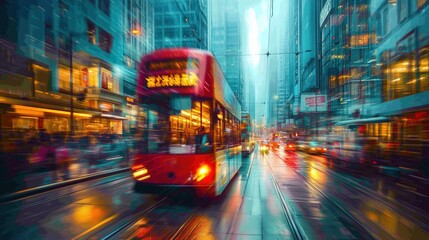 Fototapeta premium Dynamic Motion Blur of Hong Kong Tram in Rainy Night Cityscape
