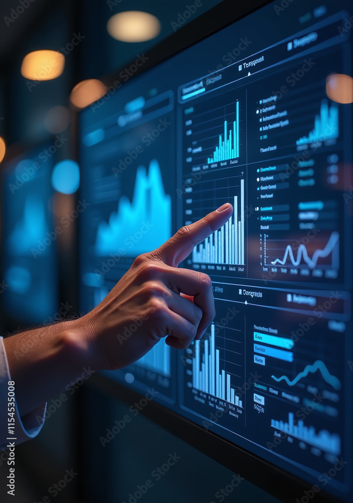 Poster touchscreen display showcases modern technology business data analytics better control understanding