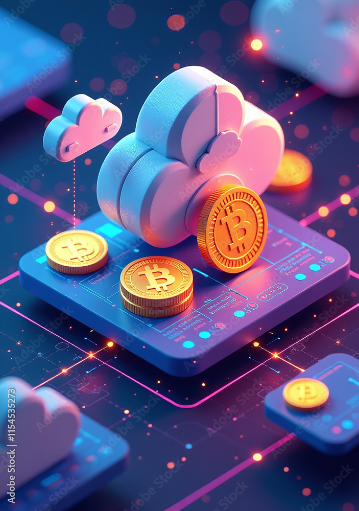 Poster vibrant polygonal illustration depicts digital currency futuristic connected ecosystem using cloud c
