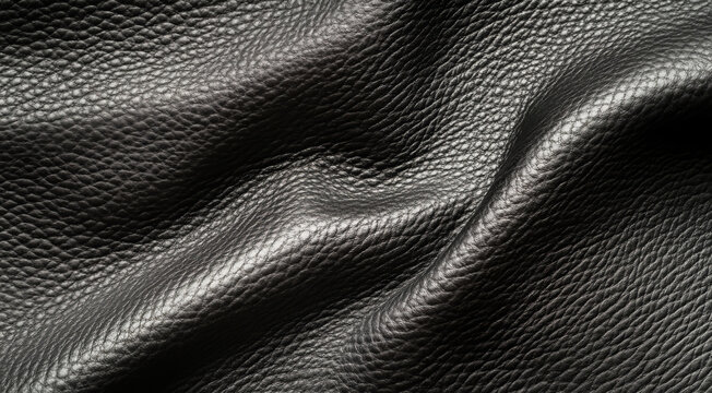 Schwarze Ledertextur mit Falten, Nahaufnahme.