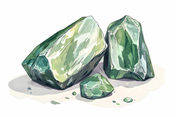 Fototapeta premium Green Crystals and Rocks Displaying Iridescent Patterns Against a Soft White Background for Creative Projects