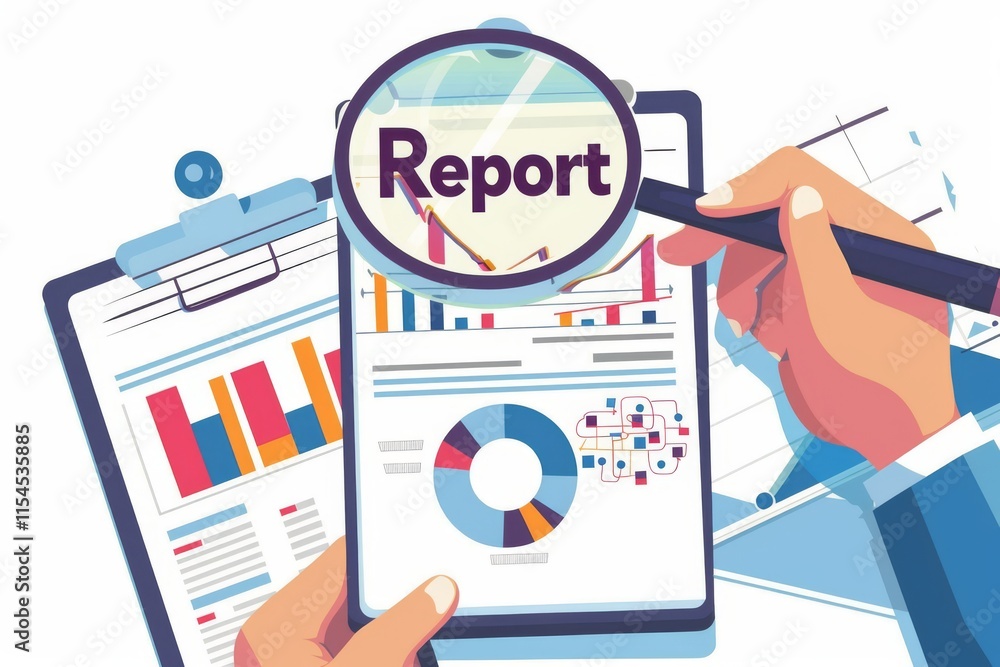 Poster analyzing report with magnifying glass and data charts
