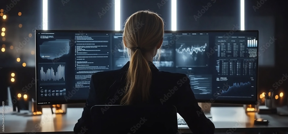 Poster a person analyzes data on multiple screens in a modern workspace.