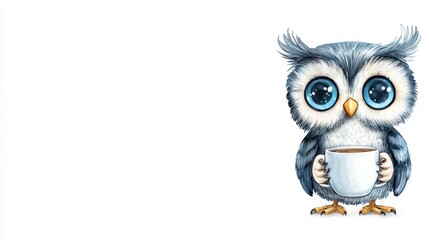 Fototapeta premium Cute Cartoon Owl Holding a Hot Drink in Winter Scene with Snow