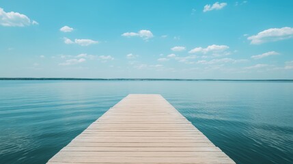 Obraz premium Serene Wooden Dock Overlooking Calm Blue Lake
