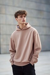 Young Man Wearing Casual Hoodie in Urban Setting with Soft Colors