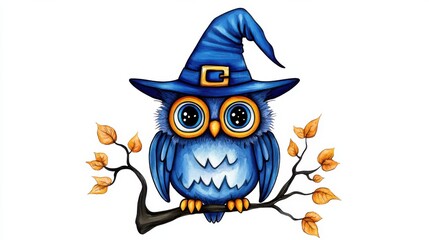 Obraz premium Cute Magical Blue Owl Wearing Witch Hat Perched on Autumn Leaves Branch