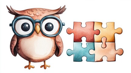 Cute Owl Character Wearing Glasses Solving Puzzle Representing Intelligence and Learning