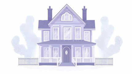 Elegant lavender house with white fence in a serene landscape, modern architecture and charming details, winter atmosphere