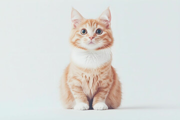 Cute fluffy orange cat with blue eyes sitting on a white background looking curiously at the camera