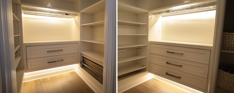 A well-organized small closet with custom storage features like sliding racks and built-in drawers, all designed to maintain a clean, minimalist look with soft LED lighting.