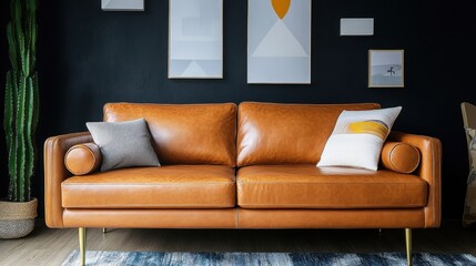 Tan leather sofa in modern living room with art.