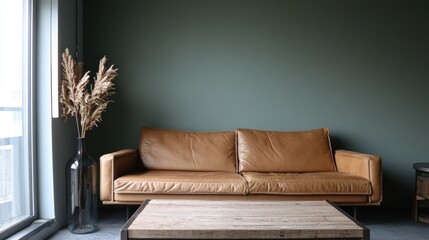 Tan leather sofa in modern living room with pampas grass.
