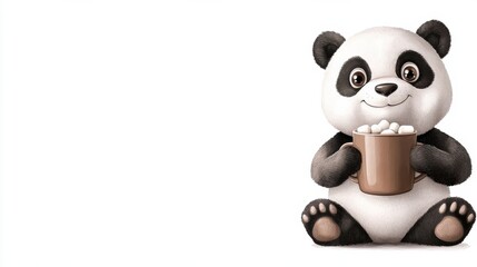 Naklejka premium Cute Panda Plush Toy Holding a Hot Drink on a White Background